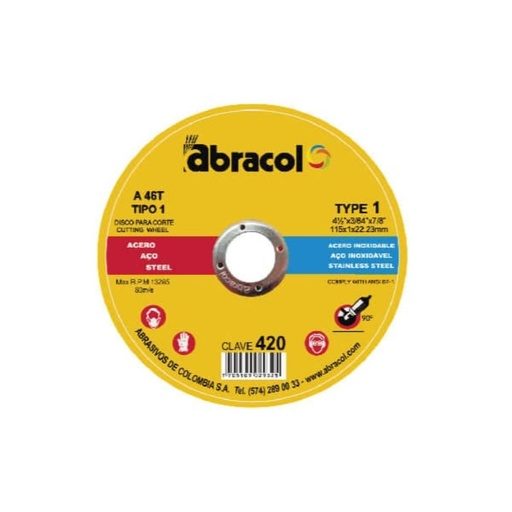 [6225A] DISCO ABRACOL AMARILLO CORTE METAL 4 1/2 (DT1 115X1,0X22,23MM) (TIPO 420) (ABD2A0046049)